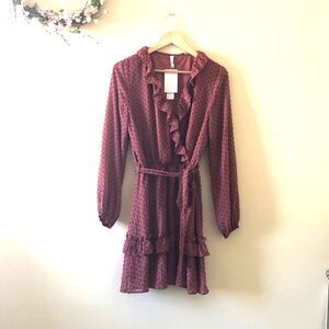 Ruffle Dress Polka Dot V-neck Long Sleeve Burgundy Size M New